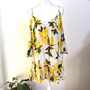 Solitaire Cold Shoulder Lemon Print Summer Mini Dress S,M